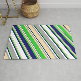 [ Thumbnail: Eyecatching Dark Grey, Tan, Lime Green, Midnight Blue, and White Colored Pattern of Stripes Rug ]