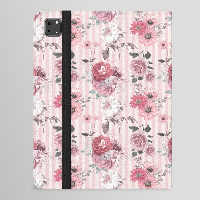 Vintage Pink Striped Floral Pattern iPad Folio Case