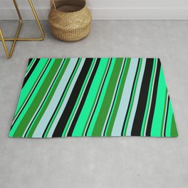 [ Thumbnail: Green, Forest Green, Powder Blue, and Black Colored Striped/Lined Pattern Rug ]