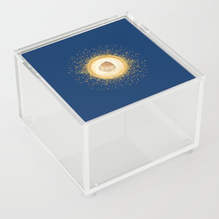 Watercolor Seashell Gold Circle Pendant on Dark Navy Blue Acrylic Box