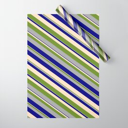 [ Thumbnail: Green, Dark Grey, Blue, and Bisque Colored Stripes/Lines Pattern Wrapping Paper ]