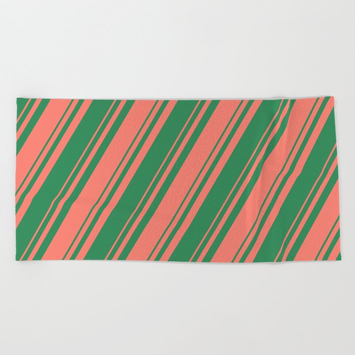 Salmon and Sea Green Colored Stripes Pattern Beach Towel