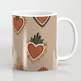 Vintage Mexican Sacred Hearts Pattern II by Akbaly Coffee Mug | Mexicanstyle, Mexicanfolklore, Graphicdesign, Sacredheart, Heartshape, Bohostyle, Vintagehearts, Vintagedesign, Mexicantraditions, Mexicanart 