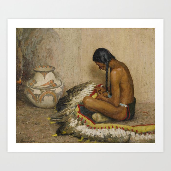 Mending the war bonnet | Native Indigenous American Masterpiece | Eanger Irving Couse | portrait painting Art Print