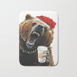 Grizzly Mornings Christmas Bath Mat | Coffee, Grizzly, Watercolor, Red, Grizzlybear, Food, Caffeine, Bear, Brown, Mad 