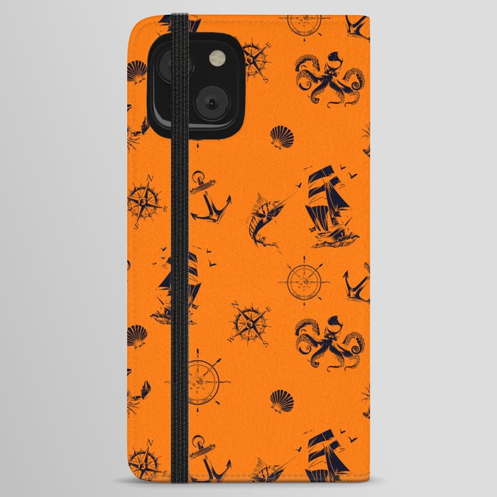 Orange And Blue Silhouettes Of Vintage Nautical Pattern iPhone Wallet Case