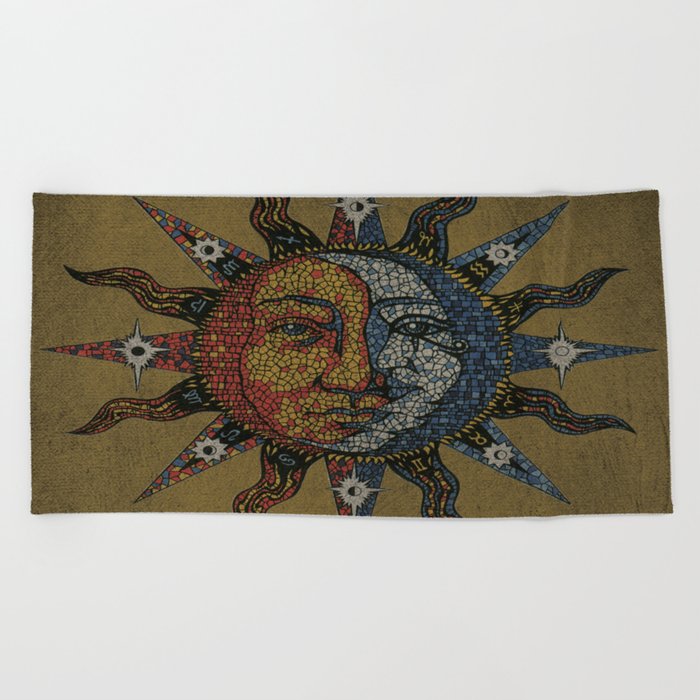 Vintage Celestial Mosaic Sun & Moon Beach Towel