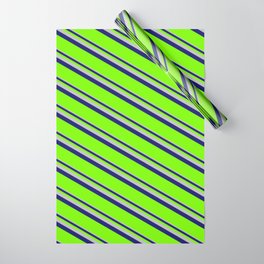 [ Thumbnail: Grey, Midnight Blue, and Green Colored Lined/Striped Pattern Wrapping Paper ]