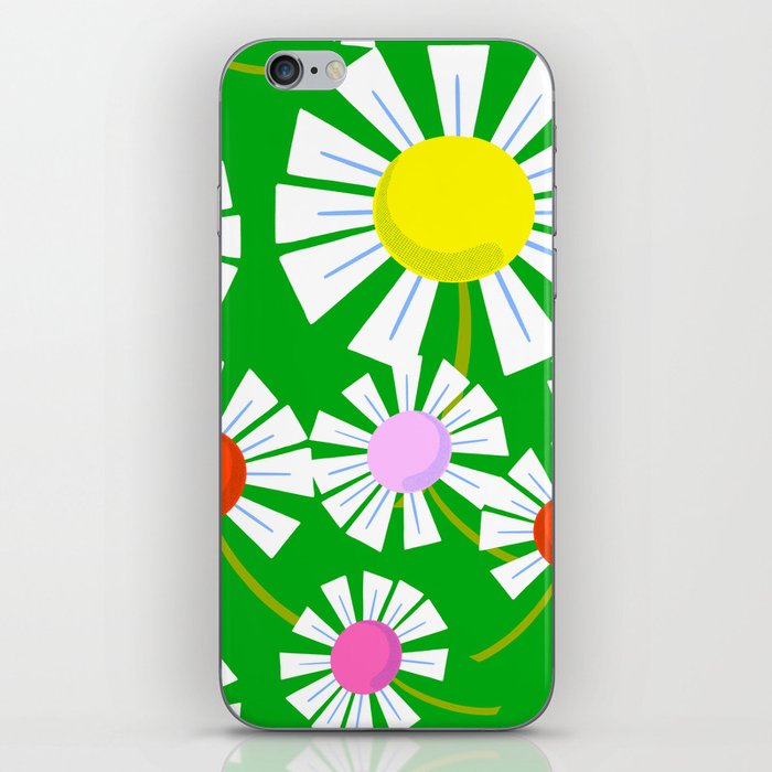 Modern Retro Daisy Flowers On Green iPhone Skin