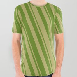 [ Thumbnail: Dark Khaki and Green Colored Striped/Lined Pattern All Over Graphic Tee ]