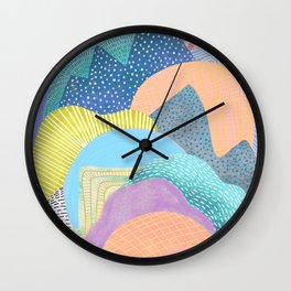 Modern Landscapes and Patterns Wall Clock | Yellow, Turquoise, Gouachepainting, Gridpattern, Polkadots, Shapesandlayers, Lavenderpurple, Painting, Nuserydecor, Abstractlandscape 