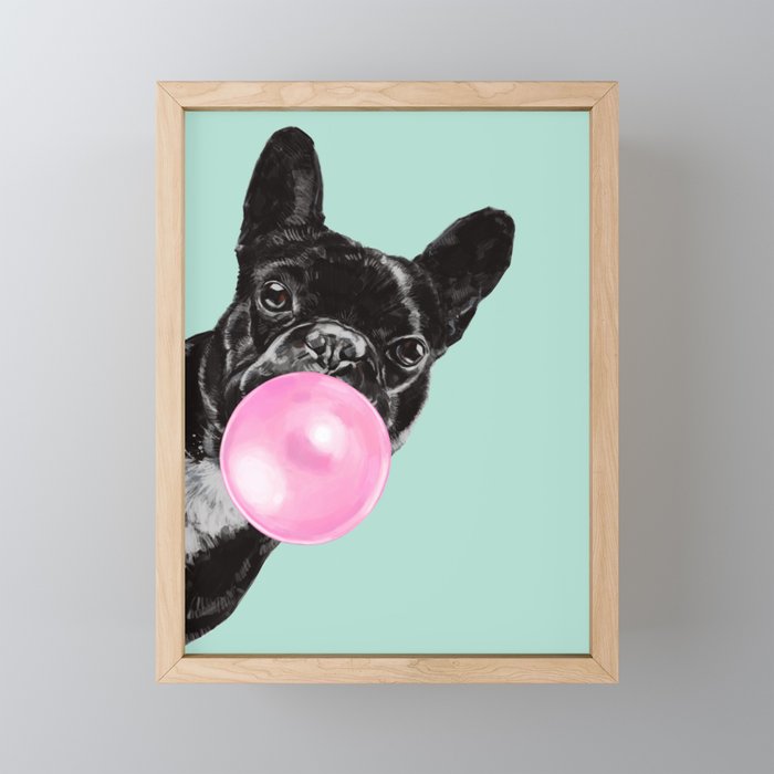 Bubble Gum Sneaky French Bulldog in Green Framed Mini Art Print