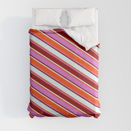 [ Thumbnail: Red, Orchid, Dark Red, and Light Cyan Colored Striped/Lined Pattern Comforter ]