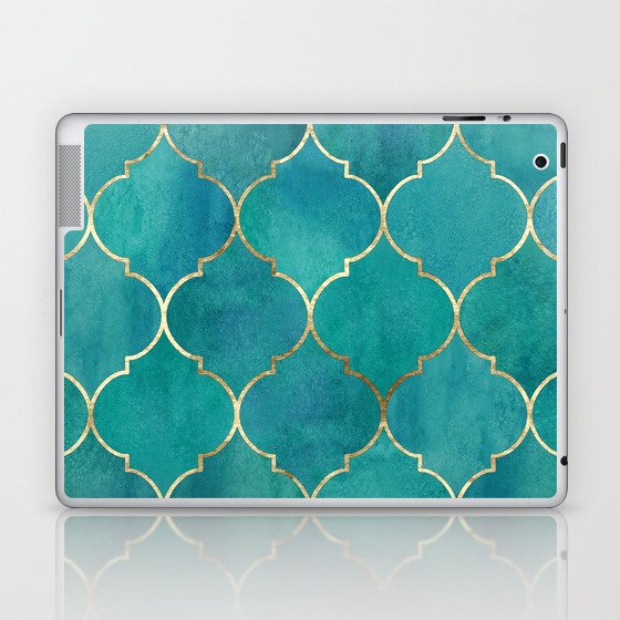 Turquoise Teal Golden Moroccan Quatrefoil Pattern II Laptop & iPad Skin