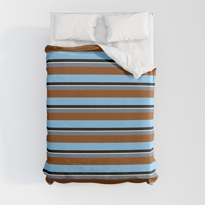 Colorful Slate Gray, Brown, Light Sky Blue, Black & Mint Cream Colored Striped Pattern Duvet Cover