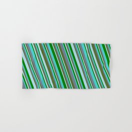 [ Thumbnail: Turquoise, Slate Gray, Dark Olive Green, Light Blue, and Green Colored Striped/Lined Pattern Hand & Bath Towel ]