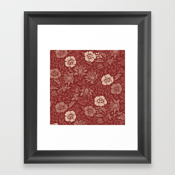 Arts and Crafts Inspired Floral Pattern Red Framed Art Print