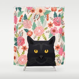Black Cat florals spring summer animal portrait pet friendly cat lady gifts for her or him cute cats Shower Curtain
