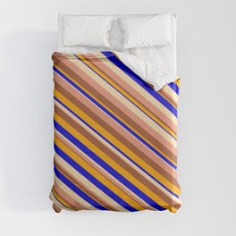 [ Thumbnail: Eyecatching Beige, Dark Salmon, Sienna, Orange, and Blue Colored Striped/Lined Pattern Duvet Cover ]