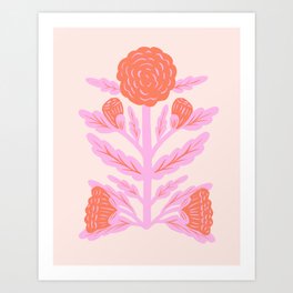 Pink and Red Flower Block Print Illustration Art Print