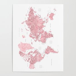 Light pink, muted pink and dusty pink watercolor world map with cities Poster