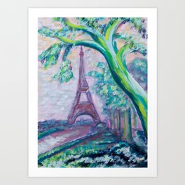 Garden View of the Eiffel Tower in Paris, France - abstract acrylic painting  Art Print