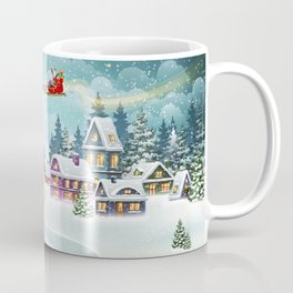 Santa and Reindeer on Christmas Background. Winter Christmas scene with snow covered houses and pine forest. Holiday vintage Background Mug