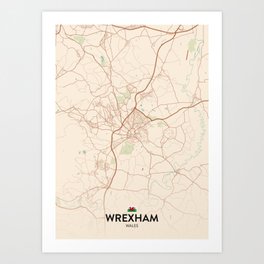 Wrexham, Wales - Vintage City Map Art Print