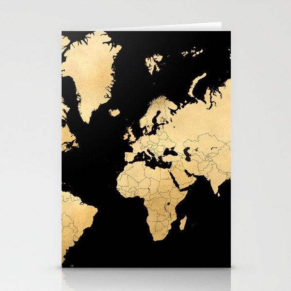 Sleek black and gold world map Stationery Cards