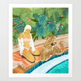 The Wild Side, Human & Nature Connection, Woman With Cheetah Cat, Tiger Painting Art Print