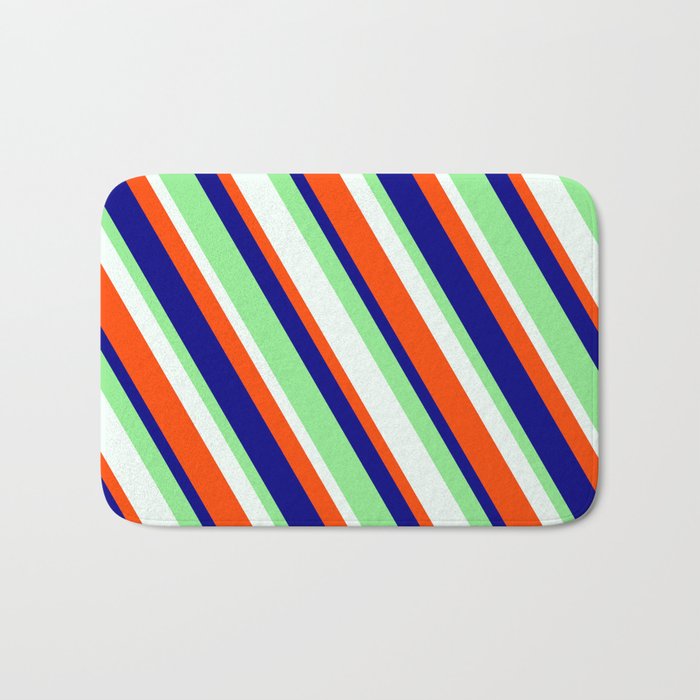 Red, Blue, Light Green, and Mint Cream Colored Lined/Striped Pattern Bath Mat