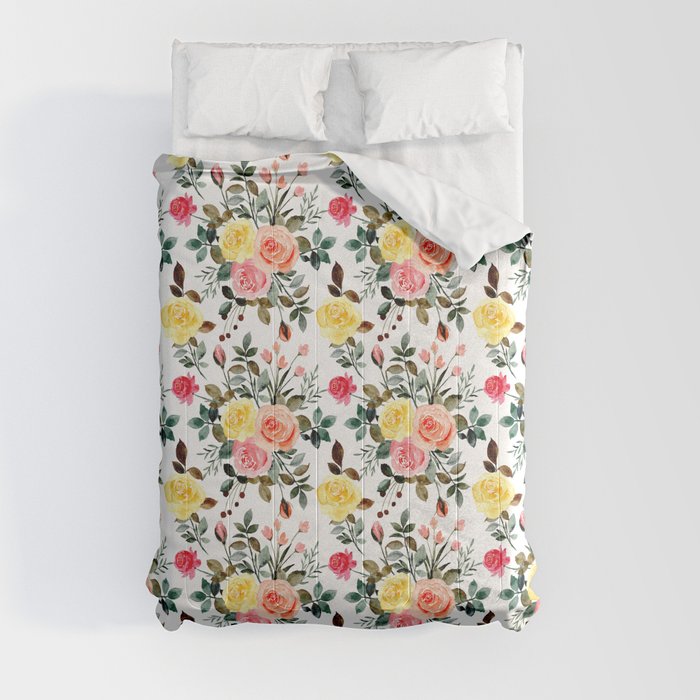 Red Pink and yellow watercolor rose Comforter