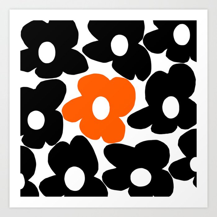 Large Orange and Black Retro Flowers White Background #decor #society6 #buyart Art Print