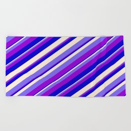 [ Thumbnail: Beige, Medium Slate Blue, Dark Violet & Blue Colored Stripes Pattern Beach Towel ]