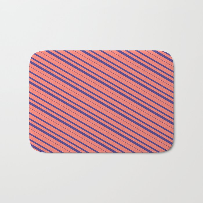 Salmon and Dark Slate Blue Colored Lined/Striped Pattern Bath Mat