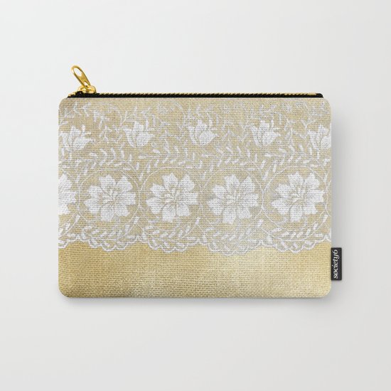 Bridal lace - White floral elegant lace on gold metal backround Carry-All Pouch
