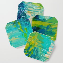 SEASIDE DREAMS - Beautiful Ocean Waves Teal Blue Turquoise Chartreuse Underwater Abstract Painting Coaster