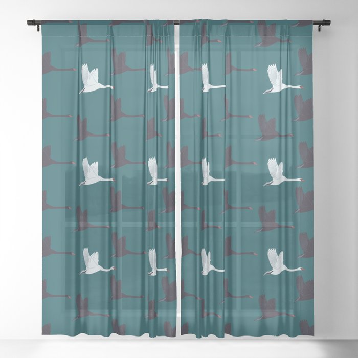 Flying Elegant Swan Pattern on Teal Blue Background Sheer Curtain