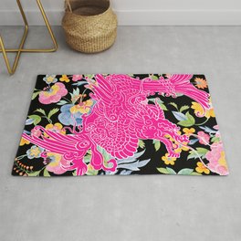 Fierce Asian Dragon Pink Rug | Pink, Cheerful, Floral, Asianart, White, Dragons, Japanesedragons, Pastelflowers, Colorful, Graphicdesign 