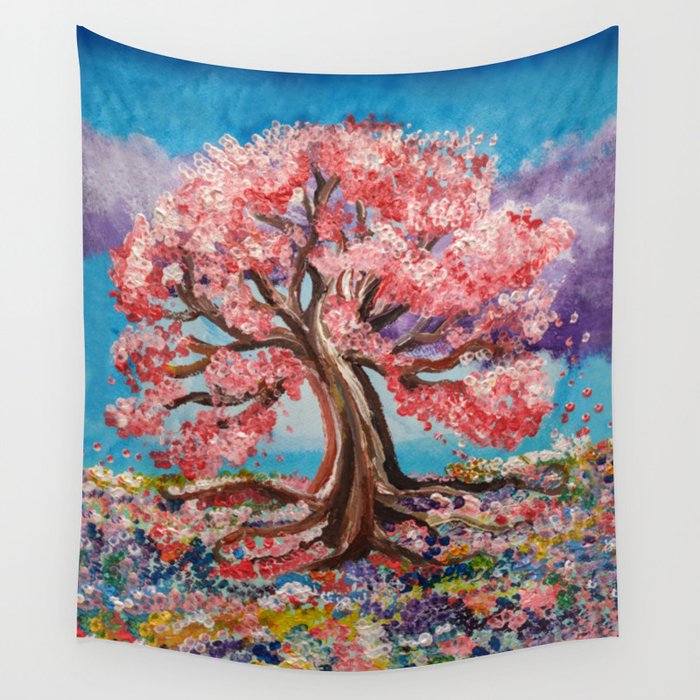 Painted Cherry Blossom Tree Flower Field Wall Tapestry