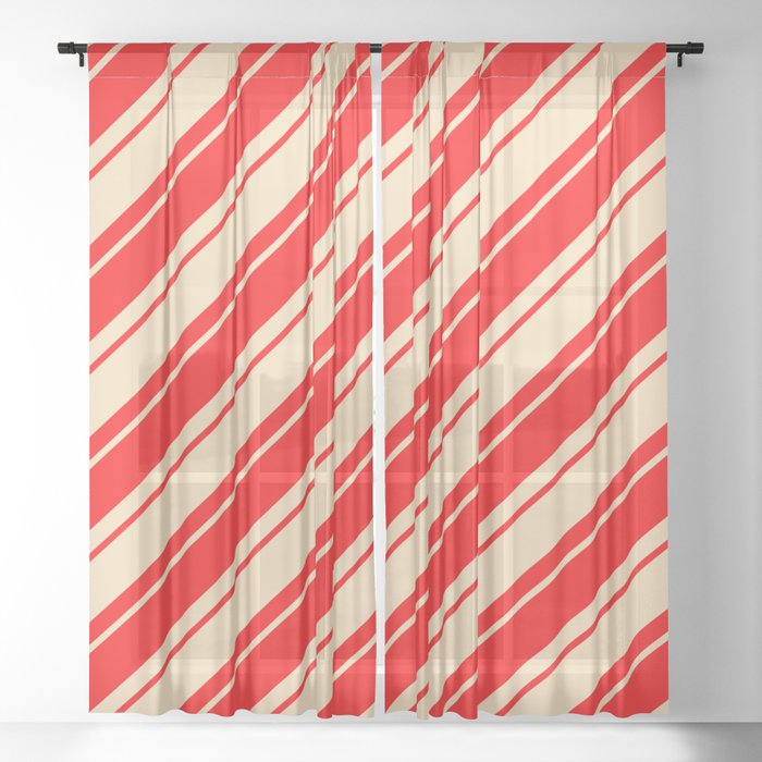 Tan and Red Colored Lined/Striped Pattern Sheer Curtain
