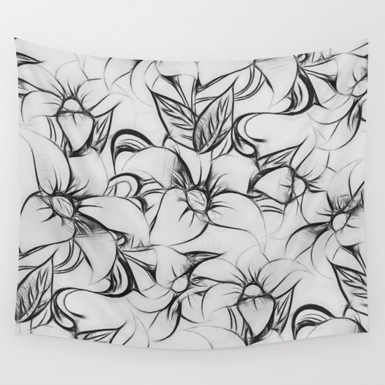 Black And White Pencil Sketch Floral Pattern Wall Tapestry By