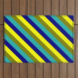 [ Thumbnail: Yellow, Green, Light Sea Green, and Blue Colored Striped Pattern Outdoor Rug ]