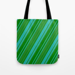 [ Thumbnail: Forest Green, Green & Light Sea Green Colored Pattern of Stripes Tote Bag ]