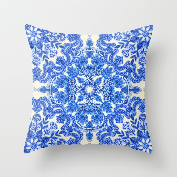 Cobalt Blue & China White Folk Art Pattern Throw Pillow