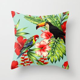 tropic bird toucan multicolor parrot background exotic flower hibiscus palm leaf summer floral plant nature animals wallpaper pattern Throw Pillow