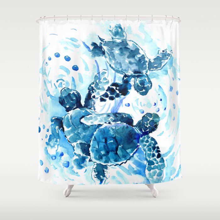 Three Sea Turtles, blue bathroom turtle artwork, Underwater Shower Curtain