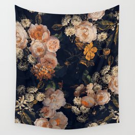 Antique Botanical Peach Roses And Chamomile Midnight Garden Wall Tapestry