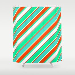 [ Thumbnail: Red, Turquoise, Green, and White Colored Lines Pattern Shower Curtain ]