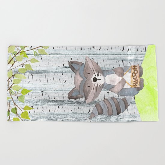 The adorable Racoon- Woodland Friends- Watercolor Illustration Beach Towel